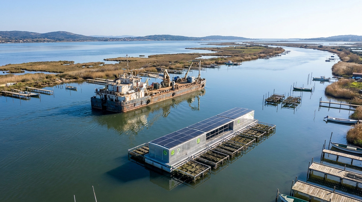 découvrez la table conchylicole solaire révolutionnaire, un colosse de 48 tonnes qui évolue sur le canal de sète et l’étang de thau, alliant innovation et tradition pour une aquaculture durable.