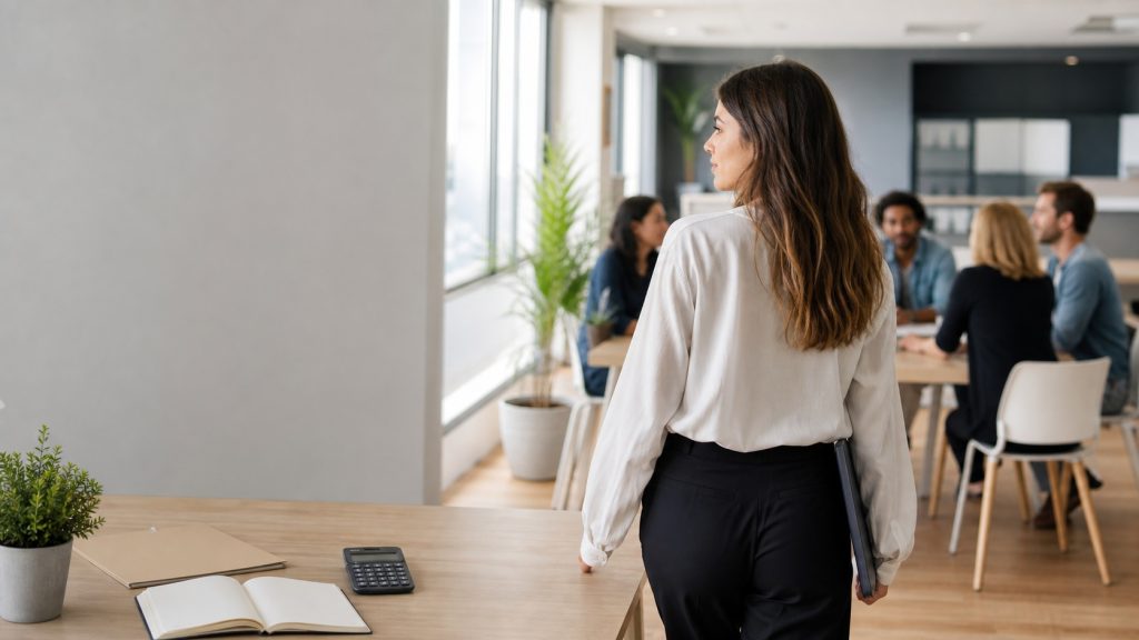 Jeune professionnelle entrant dans une PME moderne, devant une équipe en réunion, illustrant les débouchés du BTS Gestion de la PME.