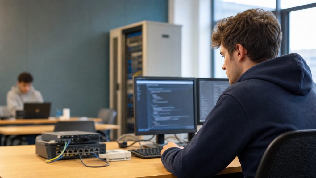 Étudiant en BTS SIO travaillant sur des postes informatiques et du matériel réseau dans un laboratoire moderne