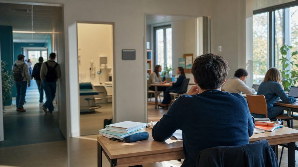Étudiant réfléchissant à son orientation après un BTS SP3S dans un environnement d’études et de secteurs sanitaire et social