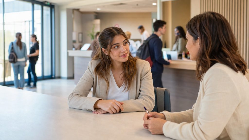 Étudiante échangeant avec une professionnelle dans un environnement de formation et de services sanitaires et sociaux