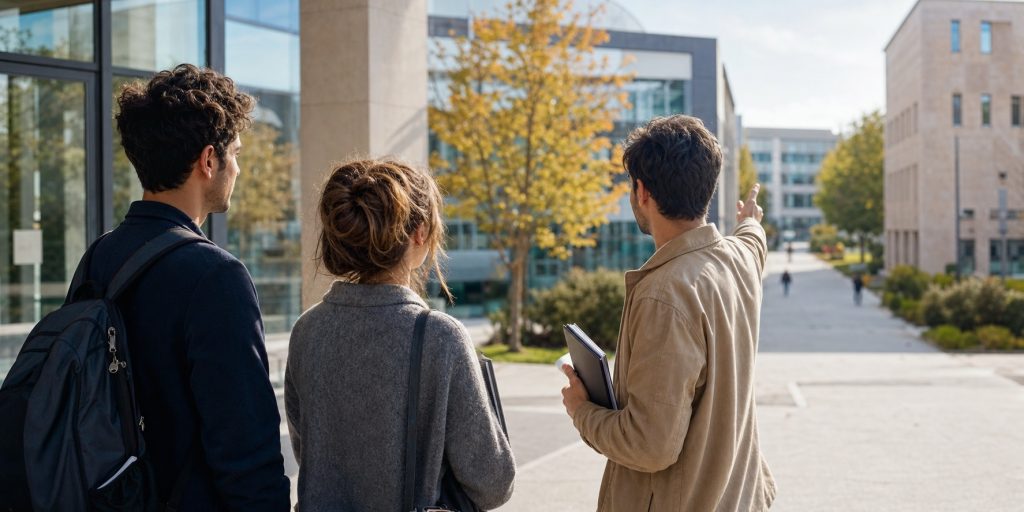 Étudiants devant un campus moderne français, illustrant les différentes voies possibles après un BTS SAM
