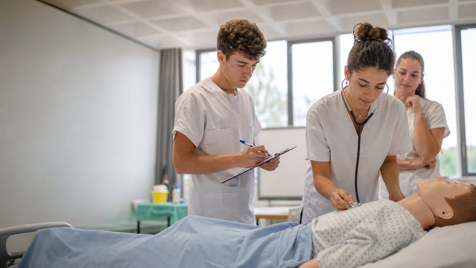 Étudiants en formation santé réalisant un exercice clinique autour d’un mannequin médical dans une salle de simulation.