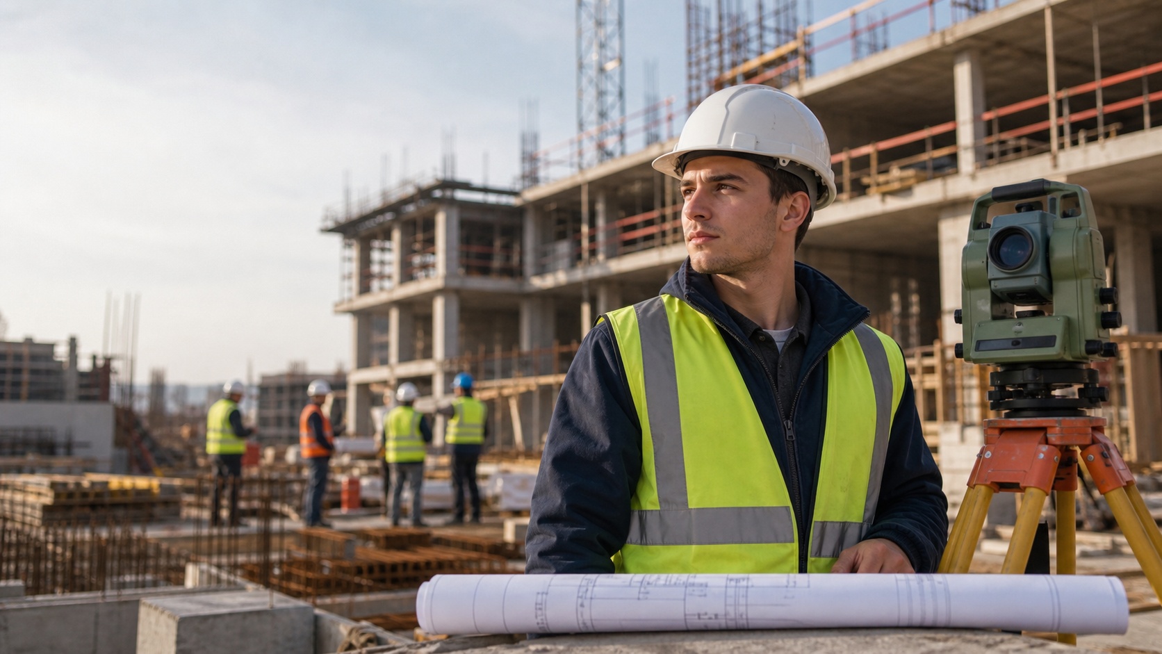 Étudiant en BTS génie civil sur un chantier de construction, avec casque, gilet de sécurité et matériel de topographie devant une structure en béton.