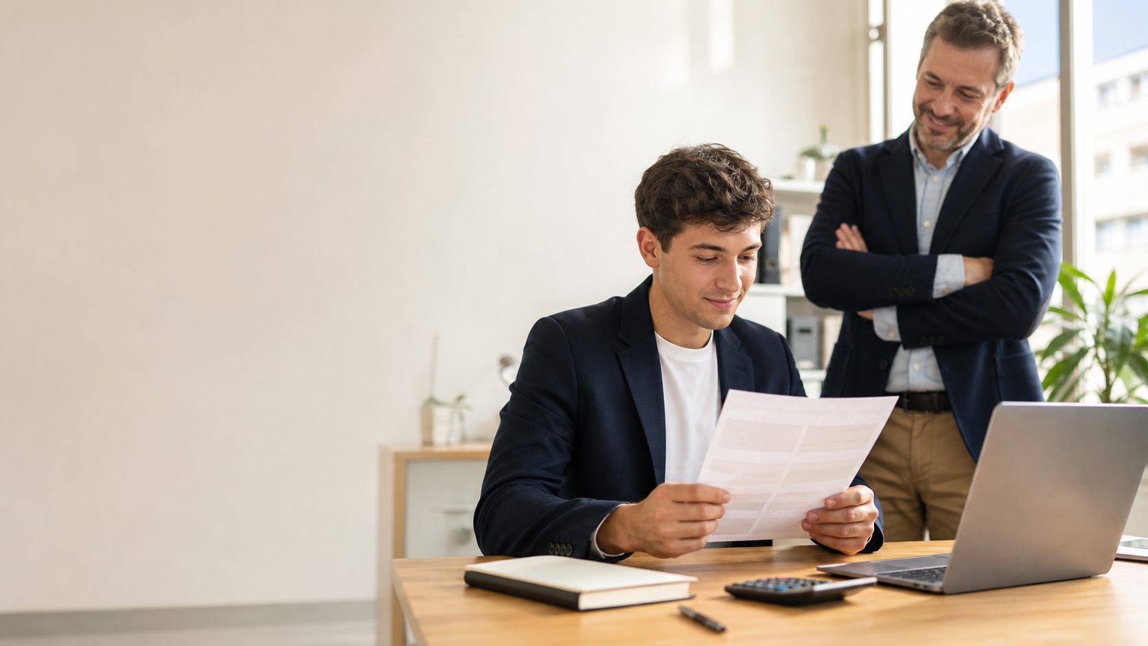 Étudiant en BTS GPME en alternance consultant un document de rémunération dans un bureau avec son tuteur.