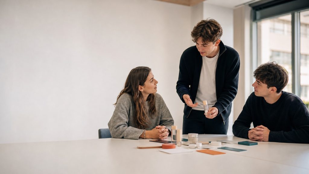 Trois étudiants adultes en BTS marketing collaborent autour de prototypes produits dans une salle de cours moderne.