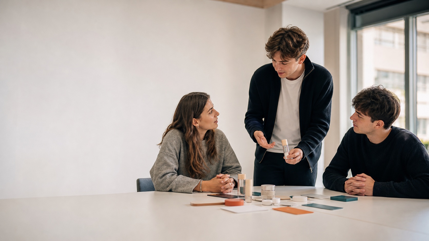 Trois étudiants adultes en BTS marketing collaborent autour de prototypes produits dans une salle de cours moderne.