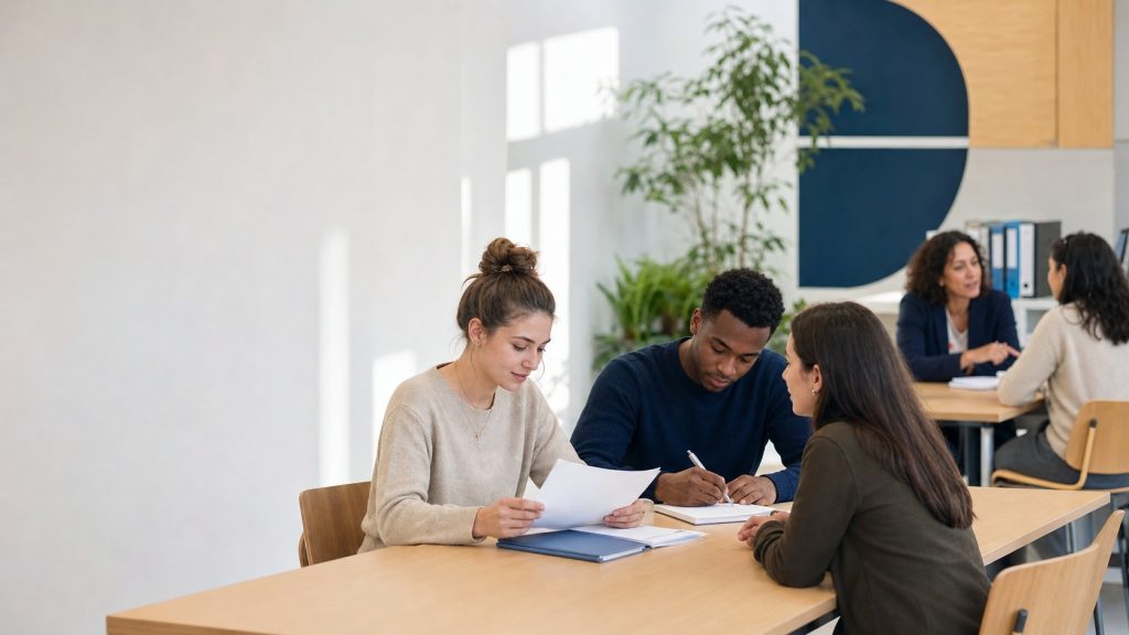 Étudiants en formation des services sanitaires et sociaux travaillant ensemble dans un institut moderne