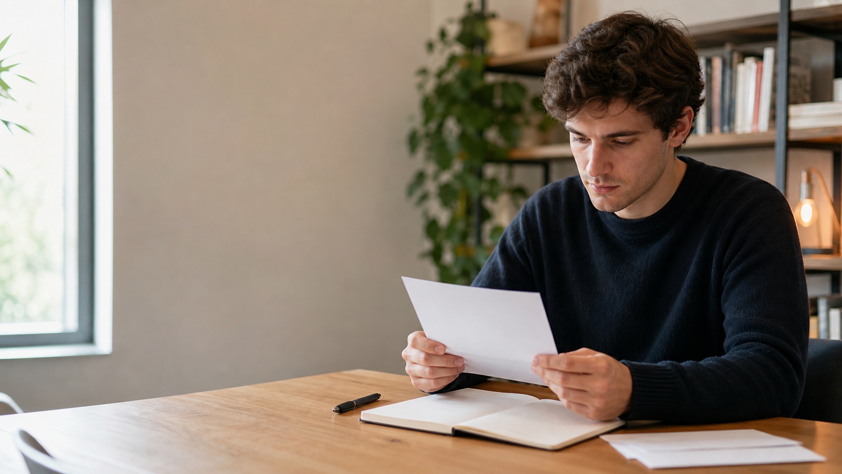 Étudiant relisant une lettre de motivation manuscrite sur un bureau lumineux, dans un cadre d’études professionnel.