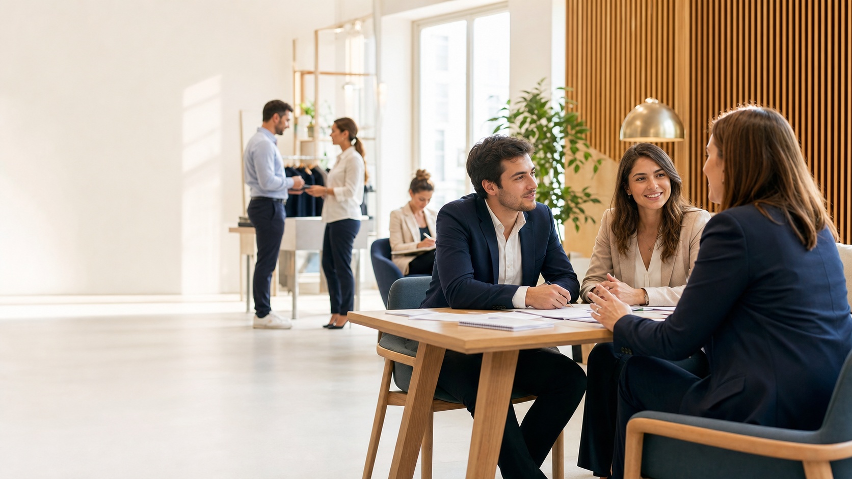 Jeunes professionnels collaborant avec une responsable commerciale dans un espace de travail moderne, illustrant les débouchés du BTS NDRC.